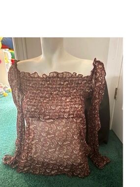 Vintage NAf NAf 🇫🇷 Brown blouse - On/off shoulders smocked paisley semi-sheer
